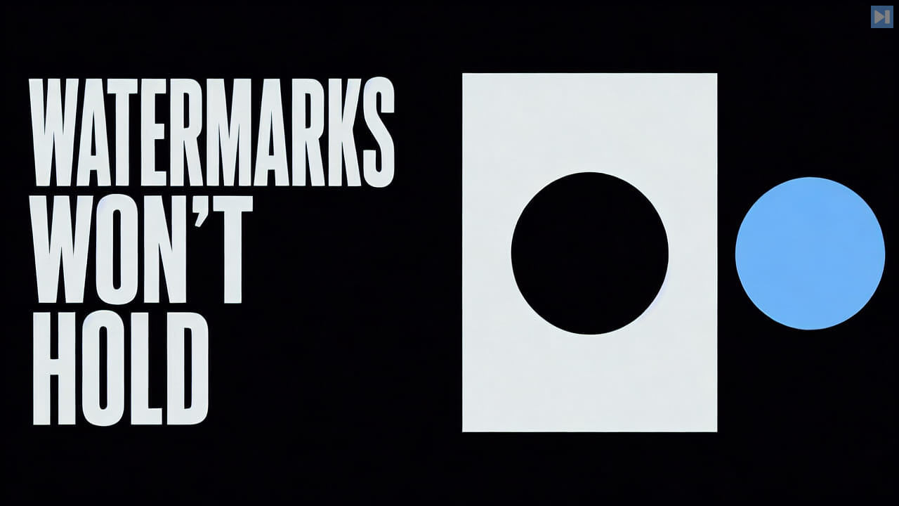 The words Watermarks Won't Hold beside a simple document with a removed circular mark