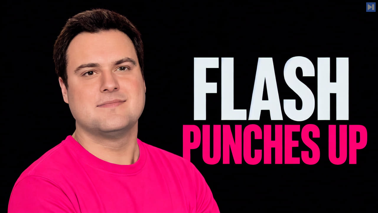 Bijan Bowen in a pink T-shirt beside FLASH in white and PUNCHES UP in pink on a black background.