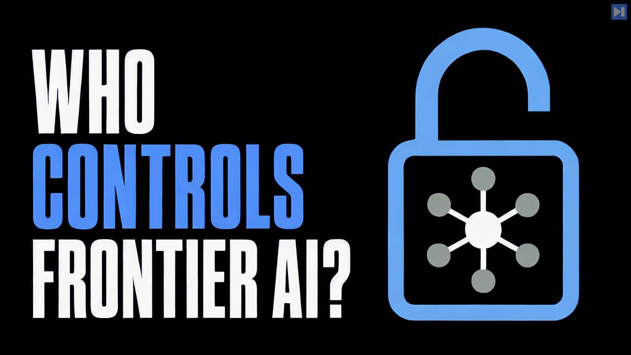 A blue open padlock containing connected white and gray nodes beside the headline WHO CONTROLS FRONTIER AI?, with CONTROLS in blue and the remaining words in white on black.