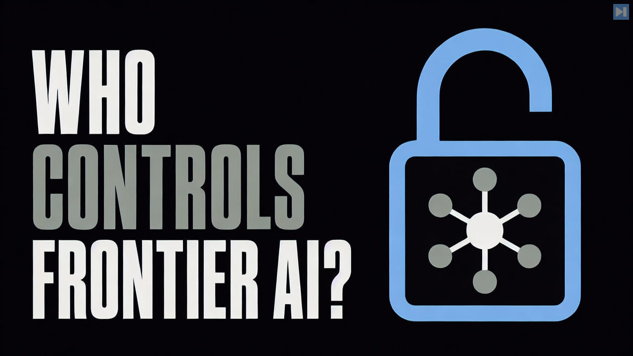 The words Who Controls Frontier AI beside a flat open padlock containing a network node