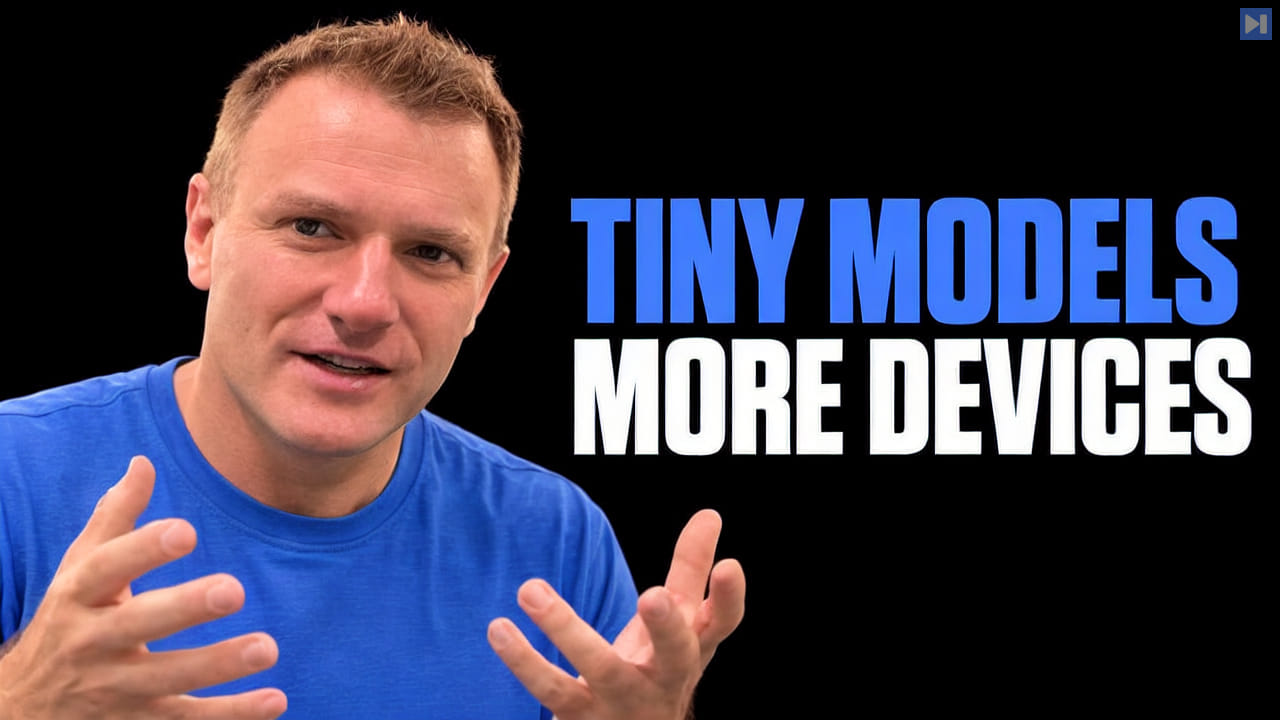 Cormac Brick against a black background beside the blue and white headline “TINY MODELS / MORE DEVICES”.
