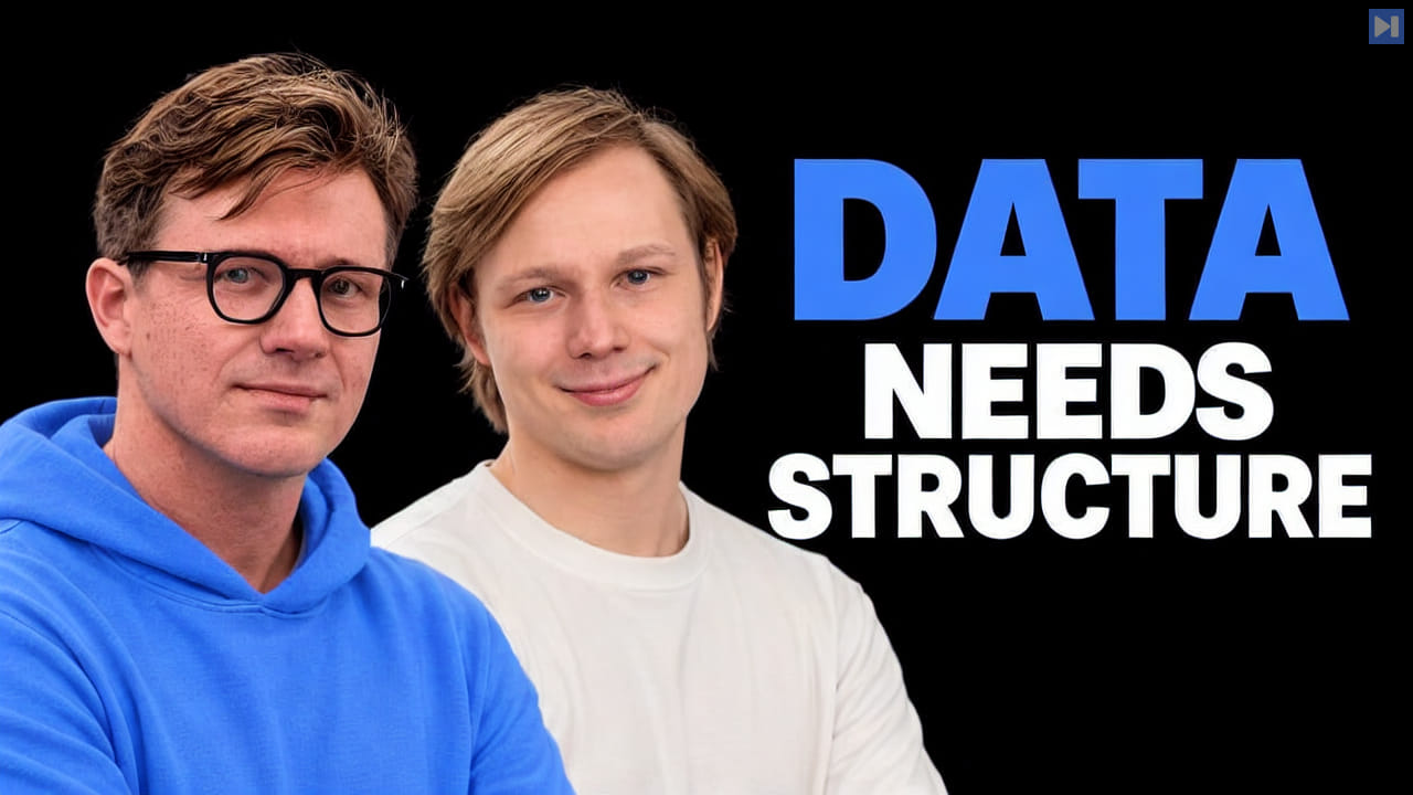 Tim Scarfe in glasses and blue clothing, with Alexander Mattick in white, beside the blue-and-white headline “DATA NEEDS STRUCTURE” on black.