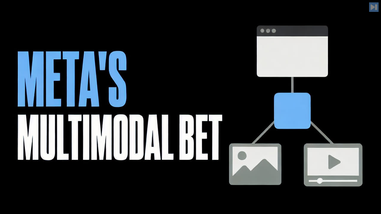 The words Meta's Multimodal Bet beside a flat agent diagram connecting browser, image and video capabilities