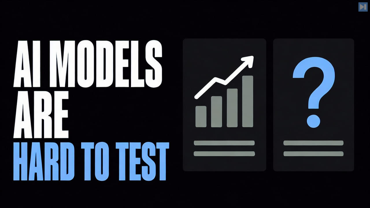 Flat benchmark cards beside the headline AI Models Are Hard to Test
