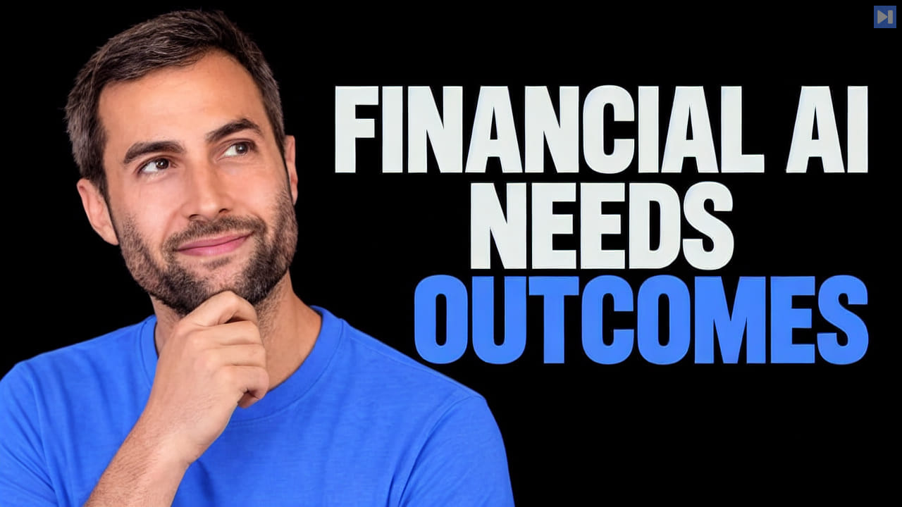 Udi Menkes in a blue shirt beside the headline “FINANCIAL AI NEEDS OUTCOMES” on a black background.