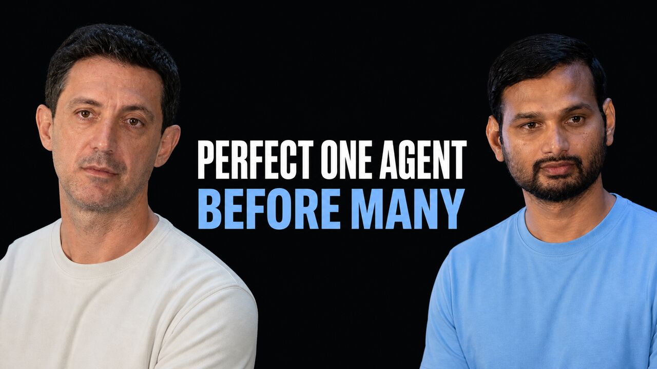 Roberto Milev and Uday Kanagala beside the headline Perfect One Agent Before Many in true white and attention blue