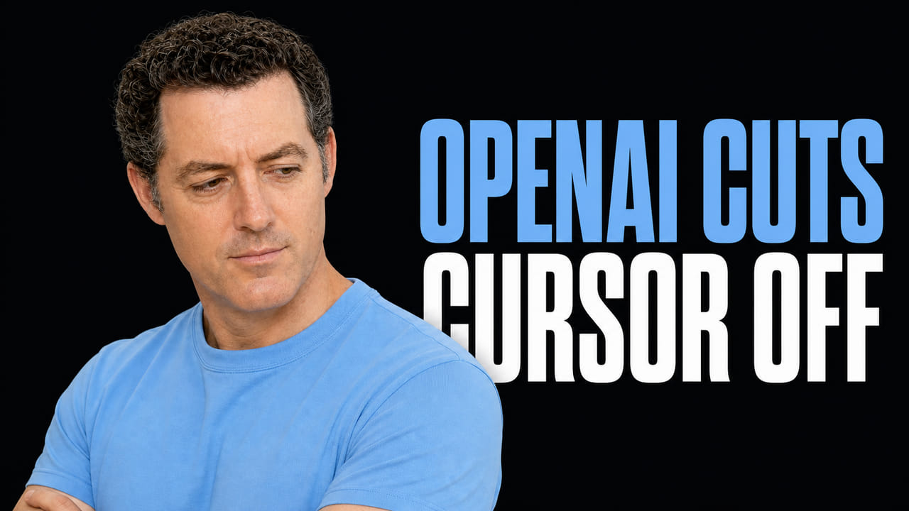 Matthew Berman looking concerned beside the words OpenAI Cuts Cursor Off