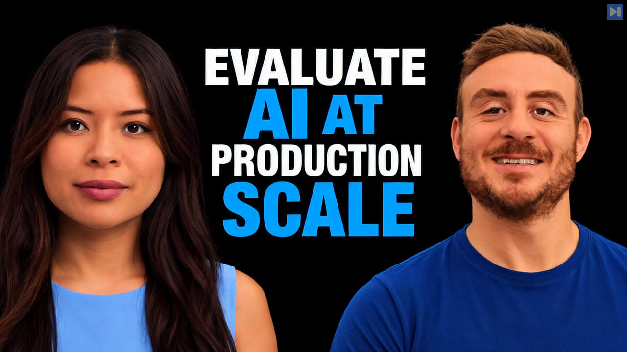 Sophia Dew and Mario Claudio Martone beside the blue and white headline EVALUATE AI AT PRODUCTION SCALE against black.