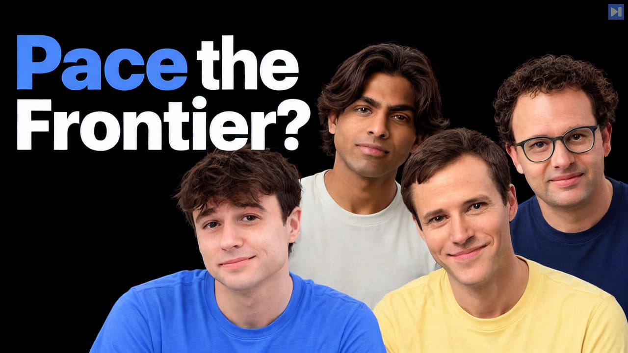 Jacob Coxon, Adam Majmudar, Dan Selsam and Dario Amodei against black beside the headline Pace the Frontier?.