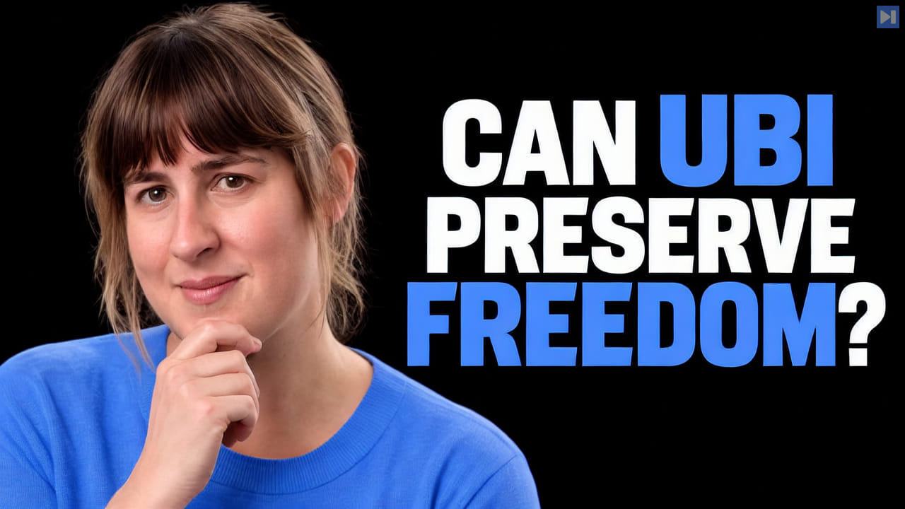 Clara Collier in an attention-blue shirt on a black background beside the headline ‘CAN UBI PRESERVE FREEDOM?’.