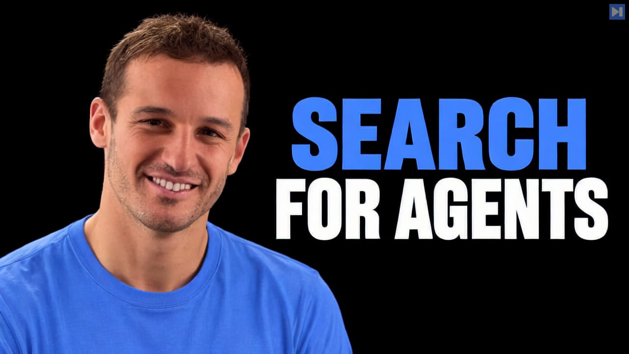 Will Bryk smiles in a blue top beside the blue and white headline “SEARCH FOR AGENTS” on black.