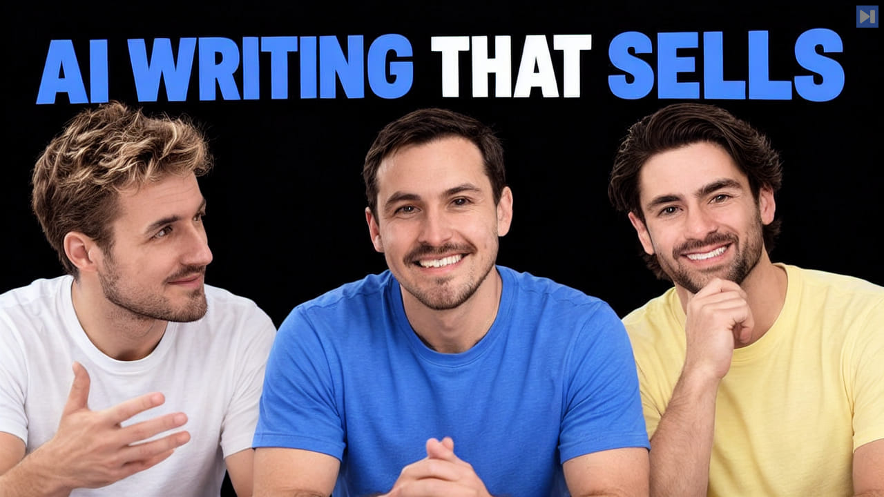 Pierce Freeman, Richard Diehl Martinez, Will McTighe against black with the blue and white headline "AI WRITING THAT SELLS".