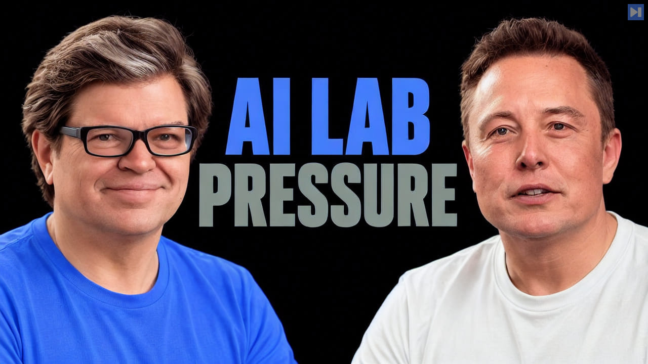 Yann LeCun and Elon Musk flank the words AI LAB PRESSURE.
