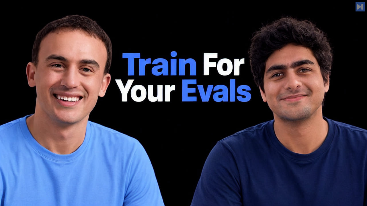 Jacob Effron and Yash Patil beside the blue and white headline Train For Your Evals on black.