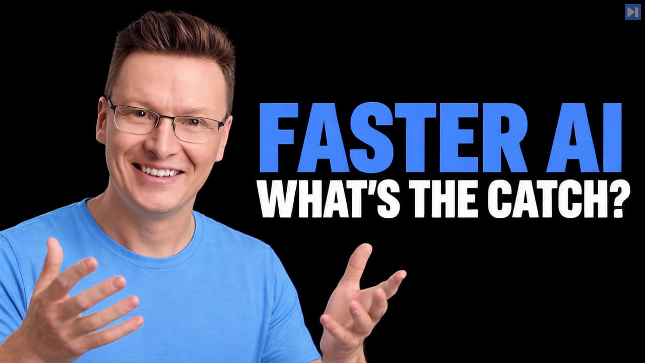Károly Zsolnai-Fehér beside the blue-and-white headline “FASTER AI WHAT'S THE CATCH?” on a black background.