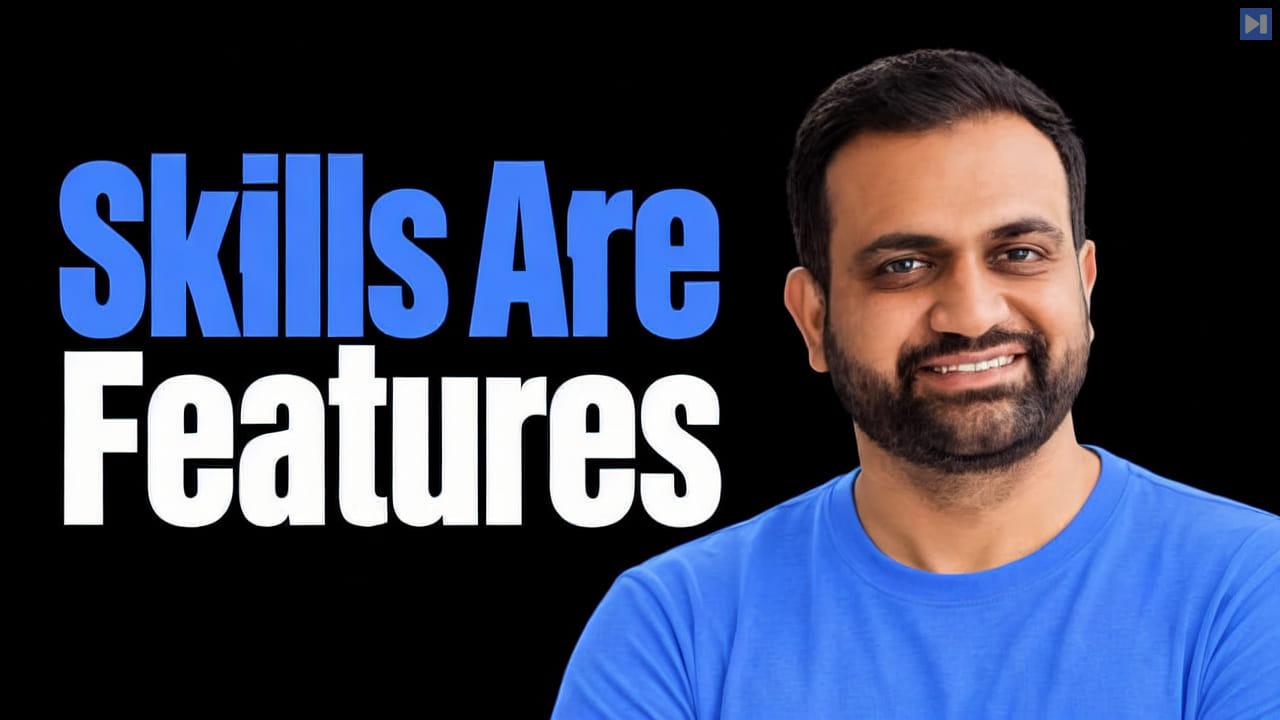 Yogendra Miraje in a blue top beside the blue and white headline Skills Are Features on a black background.