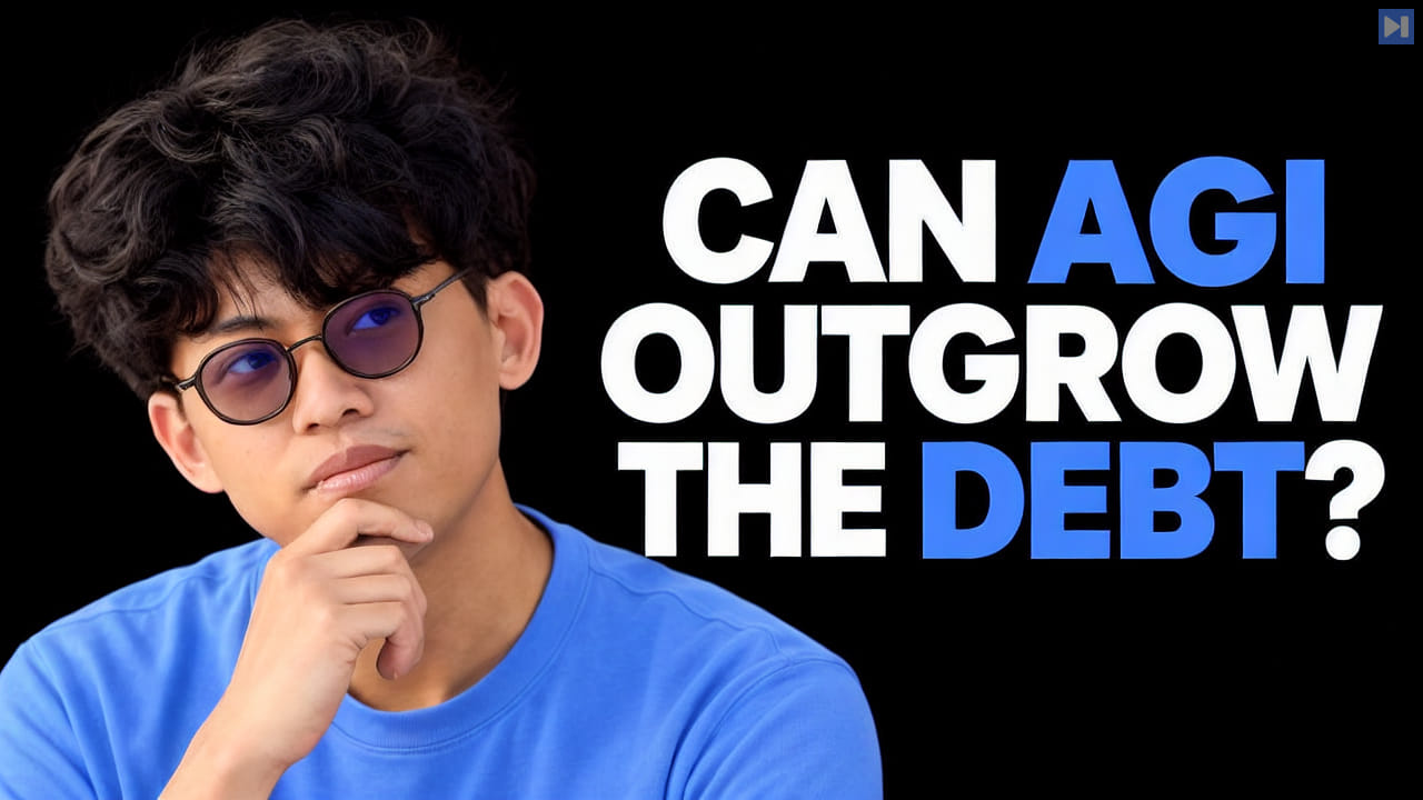 Trevor Chow in an attention-blue shirt on a black background beside the headline ‘CAN AGI OUTGROW THE DEBT?’.
