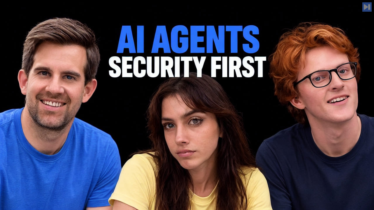 Zack Korman, Theo Jaffee, Sofia Puccini beside the blue and white headline “AI AGENTS - SECURITY FIRST” on a black background.