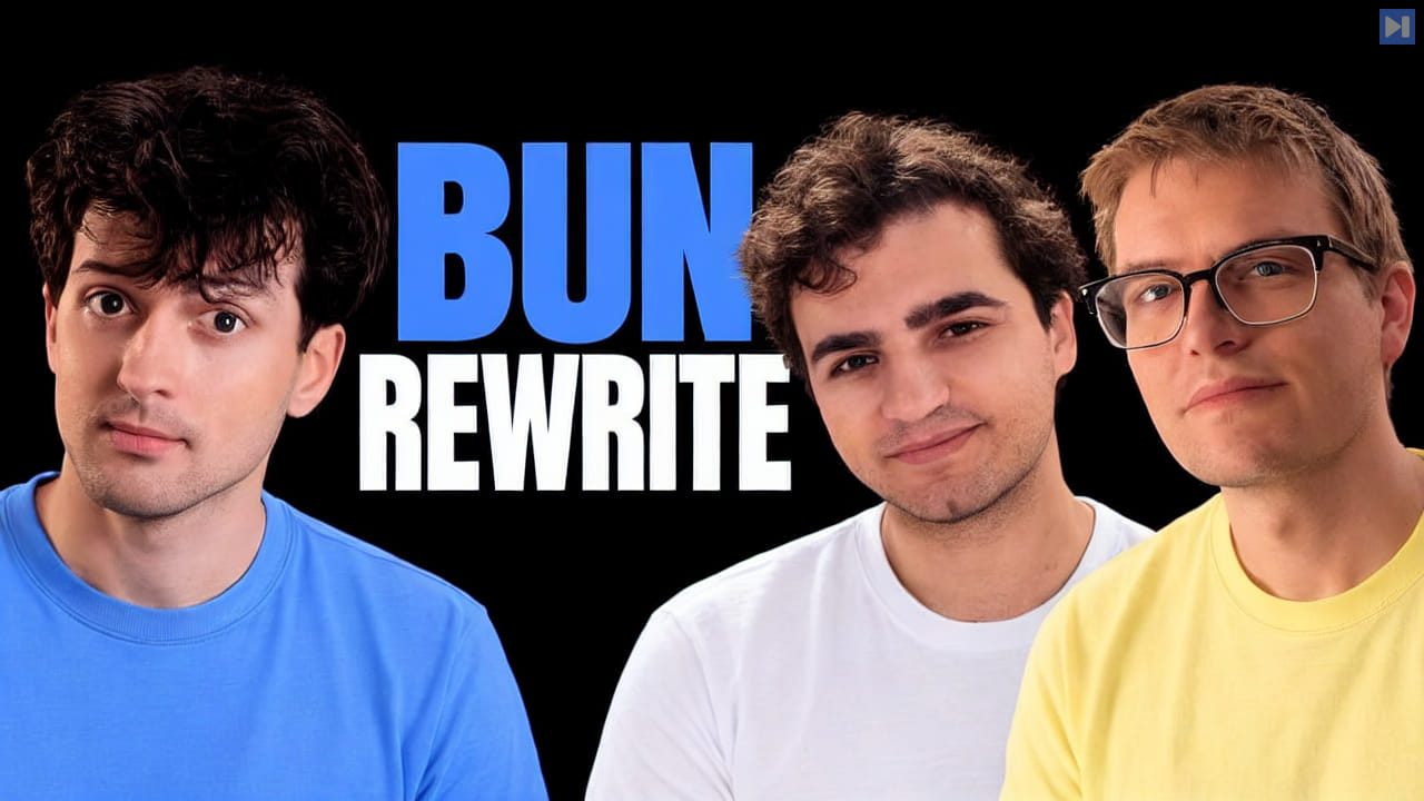 Theo Browne in blue, Jarred Sumner in off-white and Andrew Kelley in pale yellow beside the blue BUN and white REWRITE headline on black.