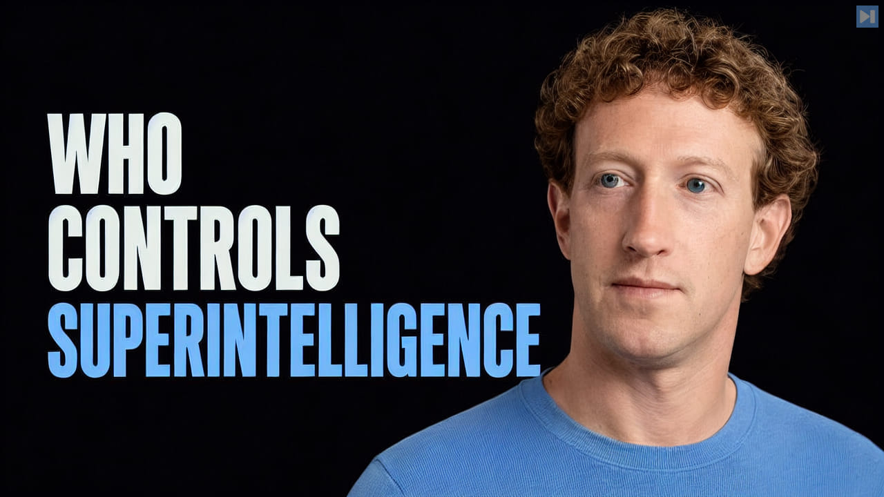 Portrait of Mark Zuckerberg beside the words Who Controls Superintelligence