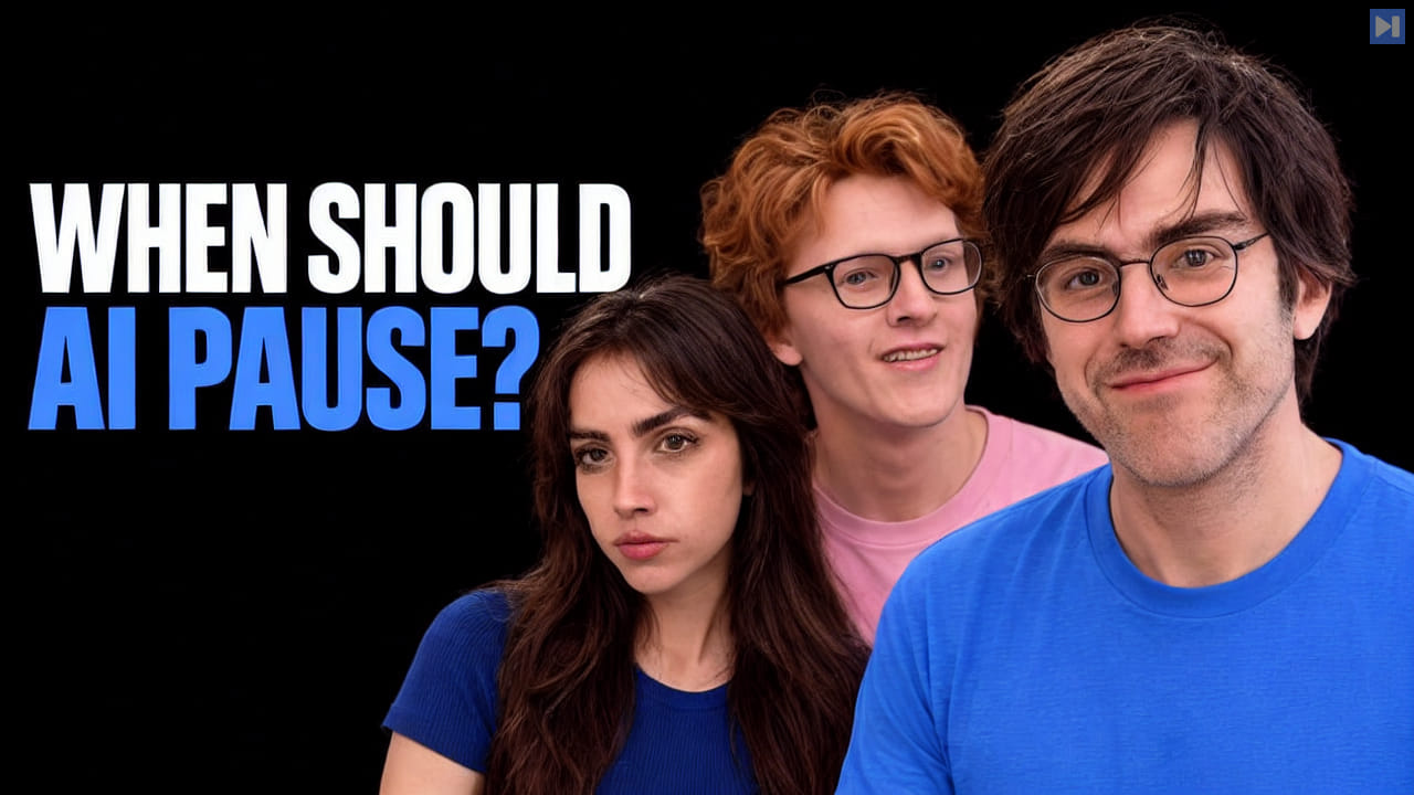 Zvi Mowshowitz, Theo Jaffee, Sofia Puccini beside the blue and white headline WHEN SHOULD AI PAUSE? against a black background.