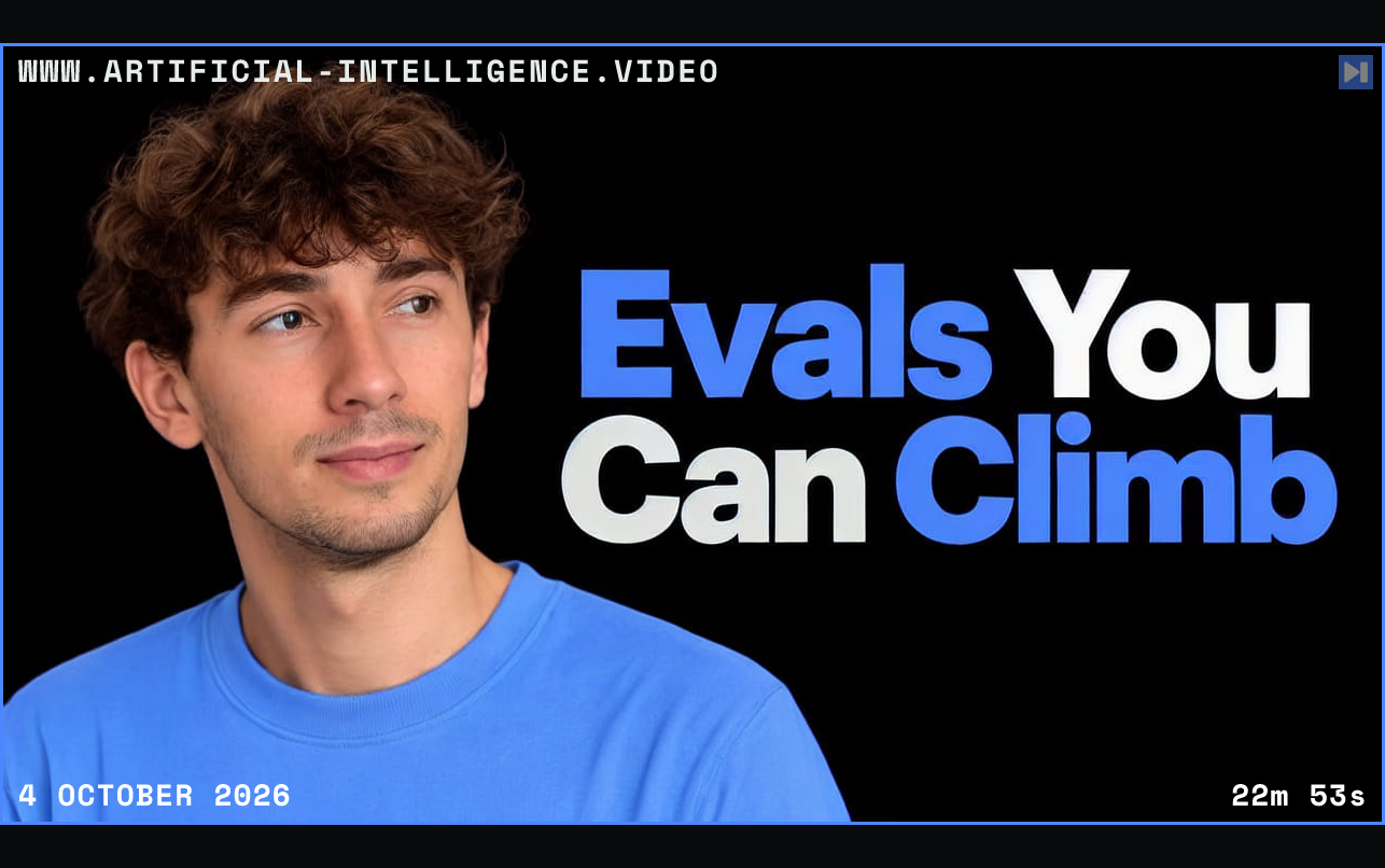Adam Łucek beside the blue and white headline Evals You Can Climb on black. Framed in blue with WWW.ARTIFICIAL-INTELLIGENCE.VIDEO, 4 October 2026 and duration 22m 53s.