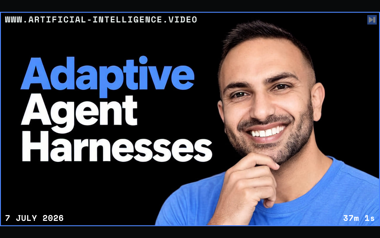 Rajiv Chandegra smiling in a light-blue top with one hand touching his chin, beside the blue-and-white headline “Adaptive Agent Harnesses” on black. Framed in blue with WWW.ARTIFICIAL-INTELLIGENCE.VIDEO, 7 July 2026 and duration 37m 1s.