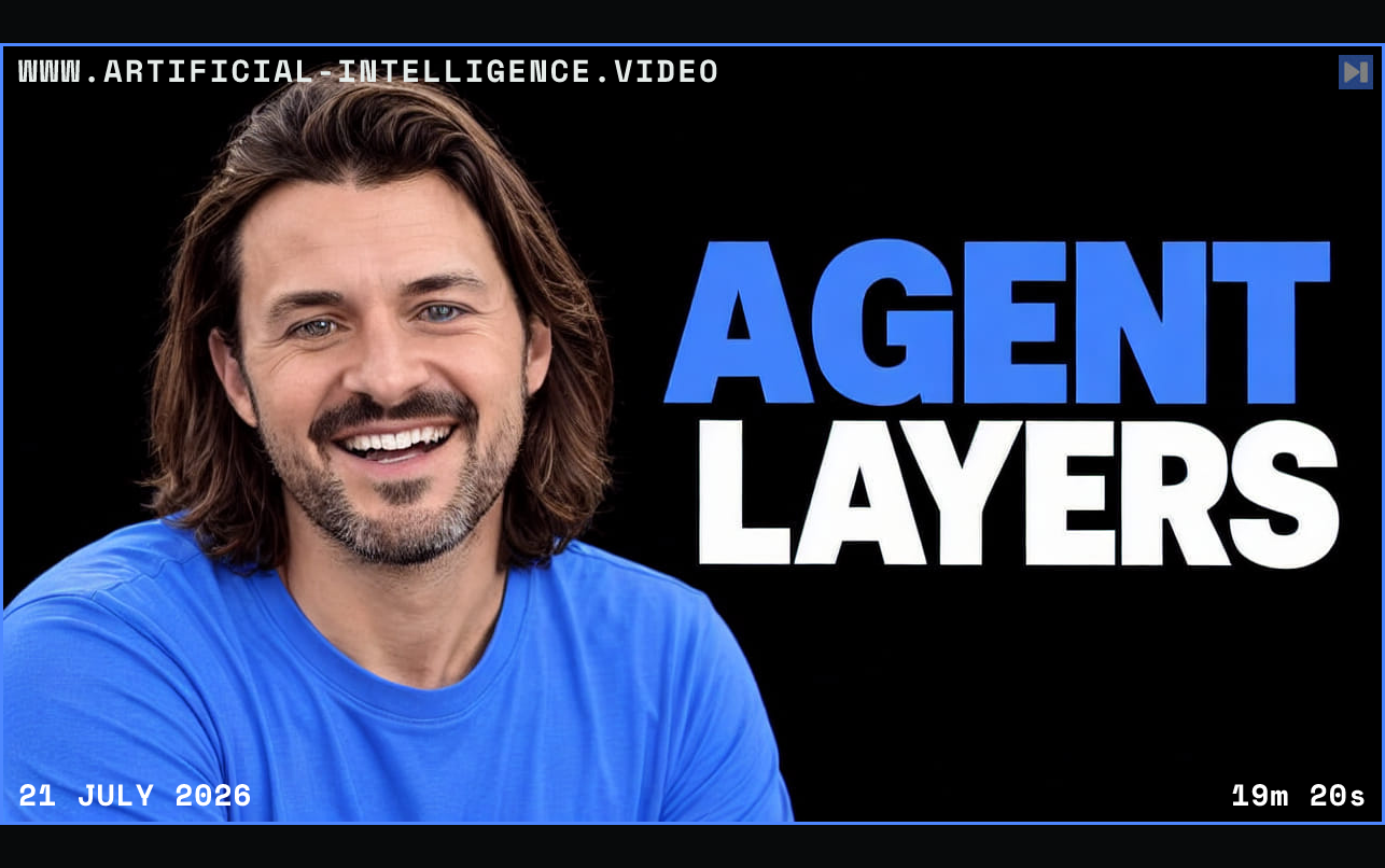 Dan Farrelly in a blue top, with shoulder-length hair and beard, beside the blue-and-white headline “AGENT LAYERS” on black. Framed in blue with WWW.ARTIFICIAL-INTELLIGENCE.VIDEO, 21 July 2026 and duration 19m 20s.