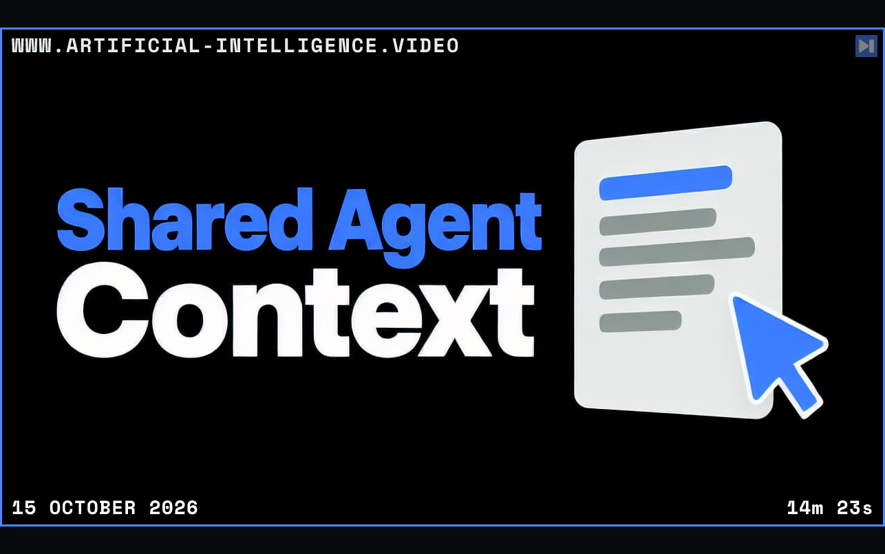 A simple flat illustration of an editable page on black beside the blue and white headline Shared Agent Context. Framed in blue with WWW.ARTIFICIAL-INTELLIGENCE.VIDEO, 15 October 2026 and duration 14m 23s.