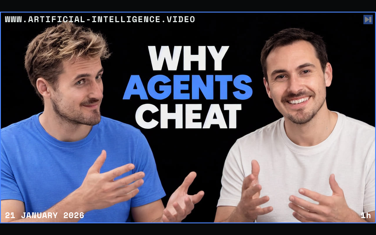 Pierce Freeman and Richard Diehl Martinez in blue and white tops against black, alongside the blue and white headline "WHY AGENTS CHEAT". Framed in blue with WWW.ARTIFICIAL-INTELLIGENCE.VIDEO, 21 January 2026 and duration 1h.