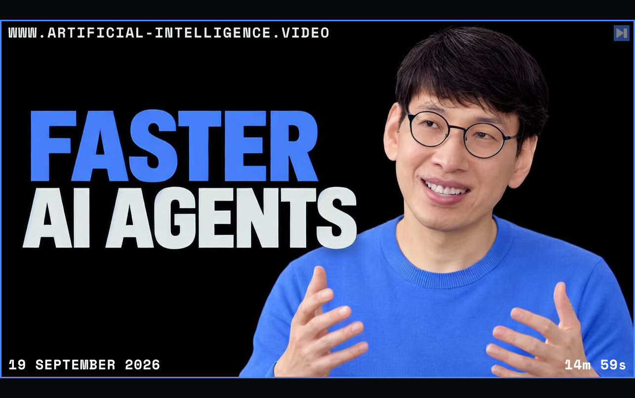 Byung-Gon Chun in a blue sweater gestures beside the blue and white headline FASTER AI AGENTS on black. Framed in blue with WWW.ARTIFICIAL-INTELLIGENCE.VIDEO, 19 September 2026 and duration 14m 59s.
