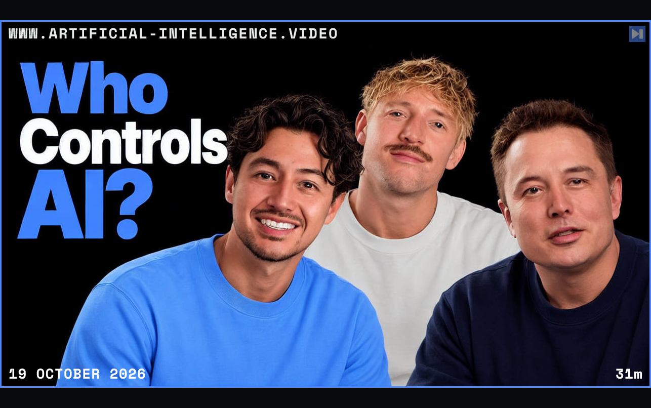 Nick Saraev, Jack Roberts and Elon Musk against black beside the headline Who Controls AI? Framed in blue with WWW.ARTIFICIAL-INTELLIGENCE.VIDEO, 19 October 2026 and duration 31m.
