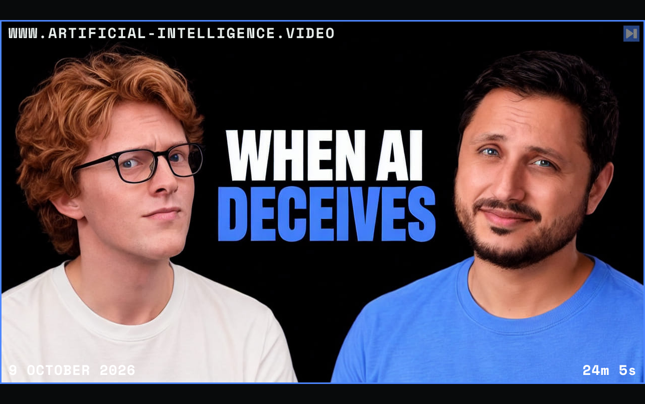Theo Jaffee in off-white and Anastasios Angelopoulos in blue against black around the white and blue headline WHEN AI DECEIVES. Framed in blue with WWW.ARTIFICIAL-INTELLIGENCE.VIDEO, 9 October 2026 and duration 24m 5s.