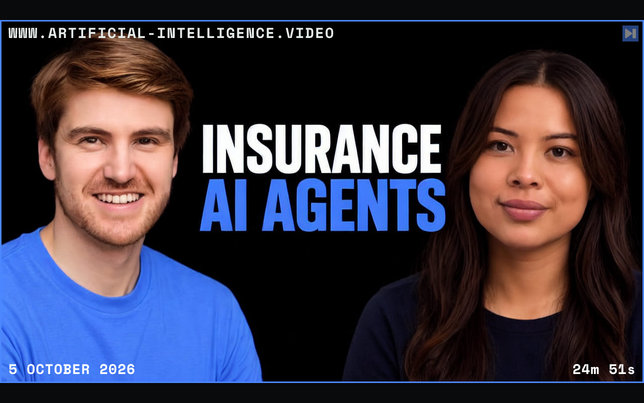 Jamie Cuffe and Sophia Dew against a black background beside the blue-and-white headline “INSURANCE AI AGENTS”. Framed in blue with WWW.ARTIFICIAL-INTELLIGENCE.VIDEO, 5 October 2026 and duration 24m 51s.
