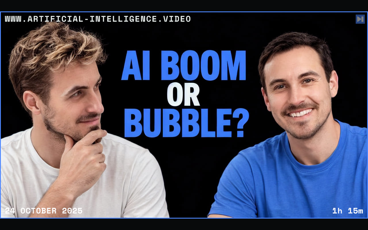 Pierce Freeman and Richard Diehl Martinez in blue and white tops against black, one touching his chin, alongside the blue and white headline "AI BOOM OR BUBBLE?". Framed in blue with WWW.ARTIFICIAL-INTELLIGENCE.VIDEO, 24 October 2025 and duration 1h 15m.