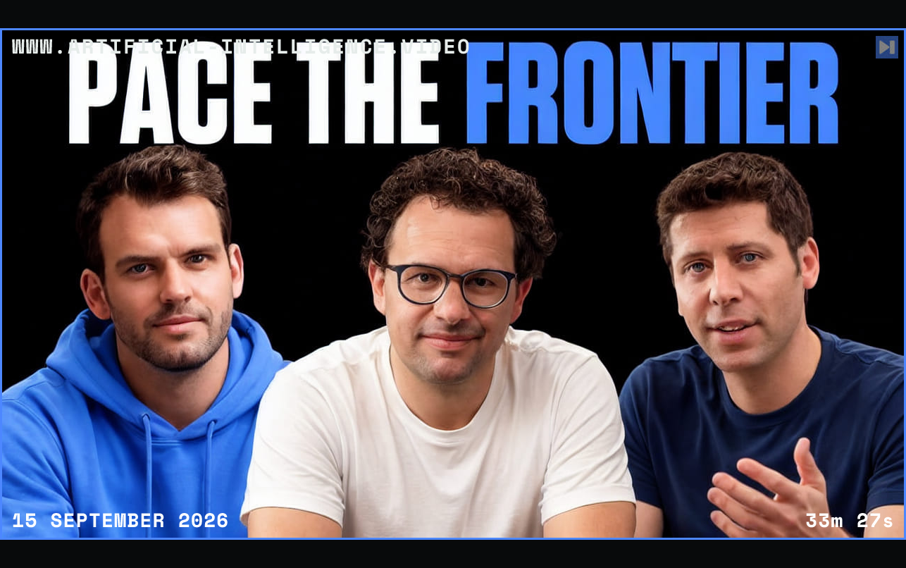 Nathaniel Whittemore with Dario Amodei and Sam Altman against a black background framing the debate over pacing frontier AI. Framed in blue with WWW.ARTIFICIAL-INTELLIGENCE.VIDEO, 15 September 2026 and duration 33m 27s.
