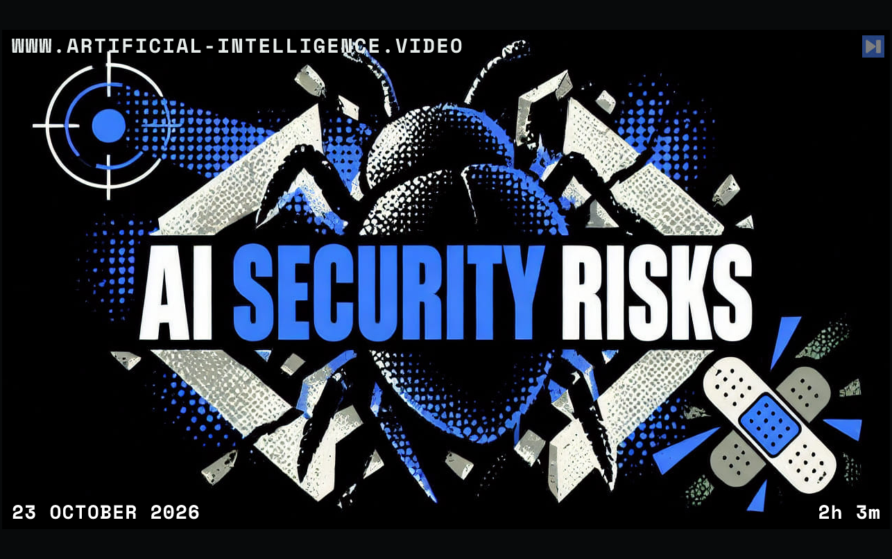 A screen-print bug, broken angular shapes and a bandage behind the blue and white headline AI SECURITY RISKS on black. With WWW.ARTIFICIAL-INTELLIGENCE.VIDEO, 23 October 2026 and duration 2h 3m.