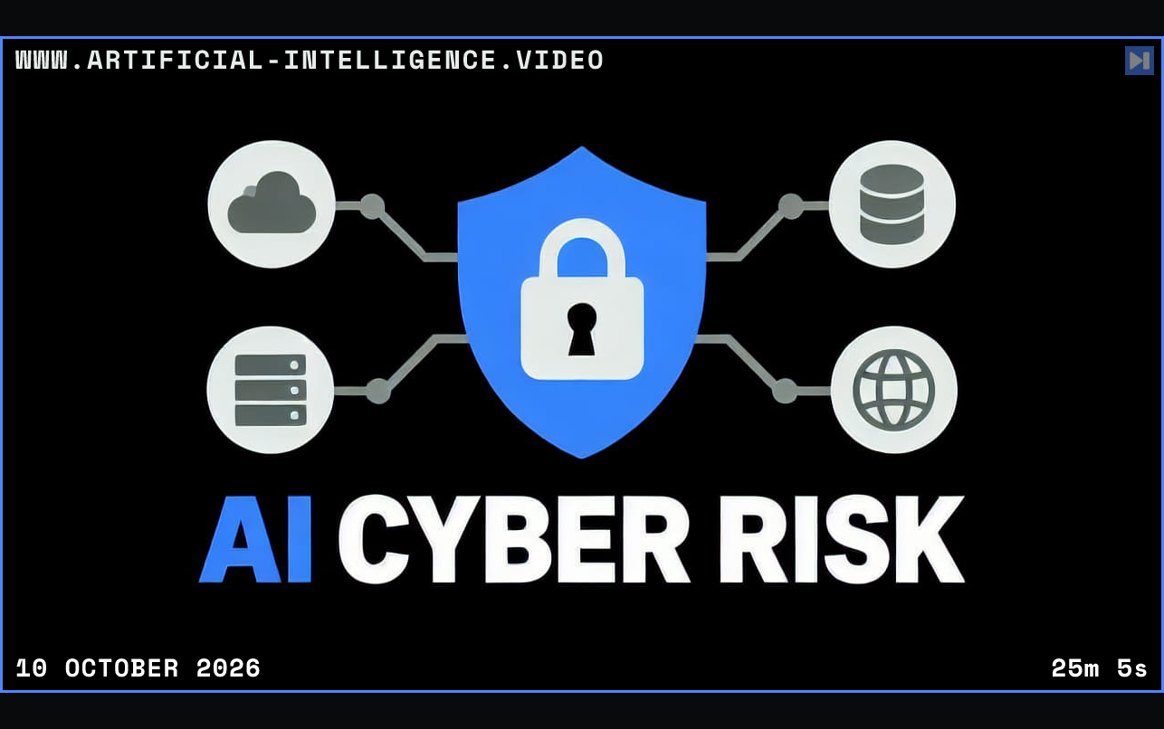 A flat shield and padlock connected to four infrastructure nodes above the blue and white headline AI CYBER RISK on black. Framed in blue with WWW.ARTIFICIAL-INTELLIGENCE.VIDEO, 10 October 2026 and duration 25m 5s.