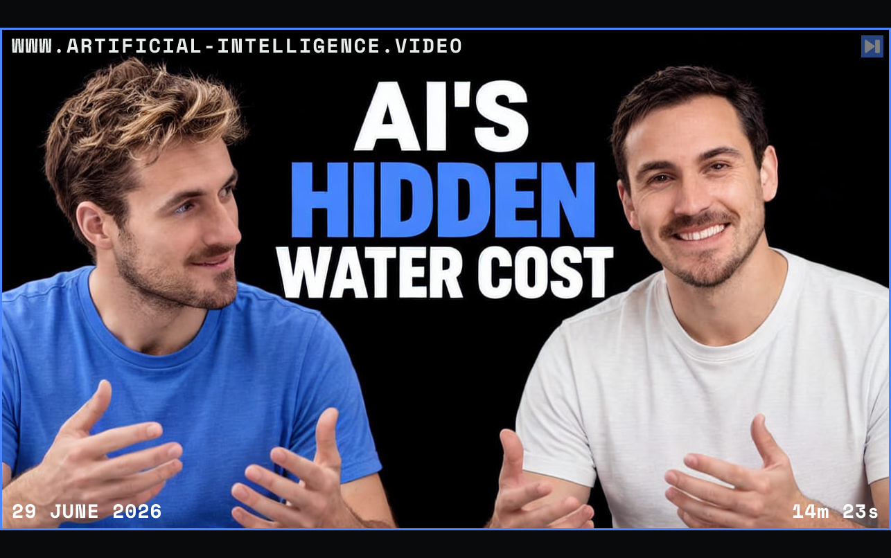 Pierce Freeman and Richard Diehl Martinez in blue and white tops against black, alongside the blue and white headline "AI'S HIDDEN WATER COST". Framed in blue with WWW.ARTIFICIAL-INTELLIGENCE.VIDEO, 29 June 2026 and duration 14m 23s.