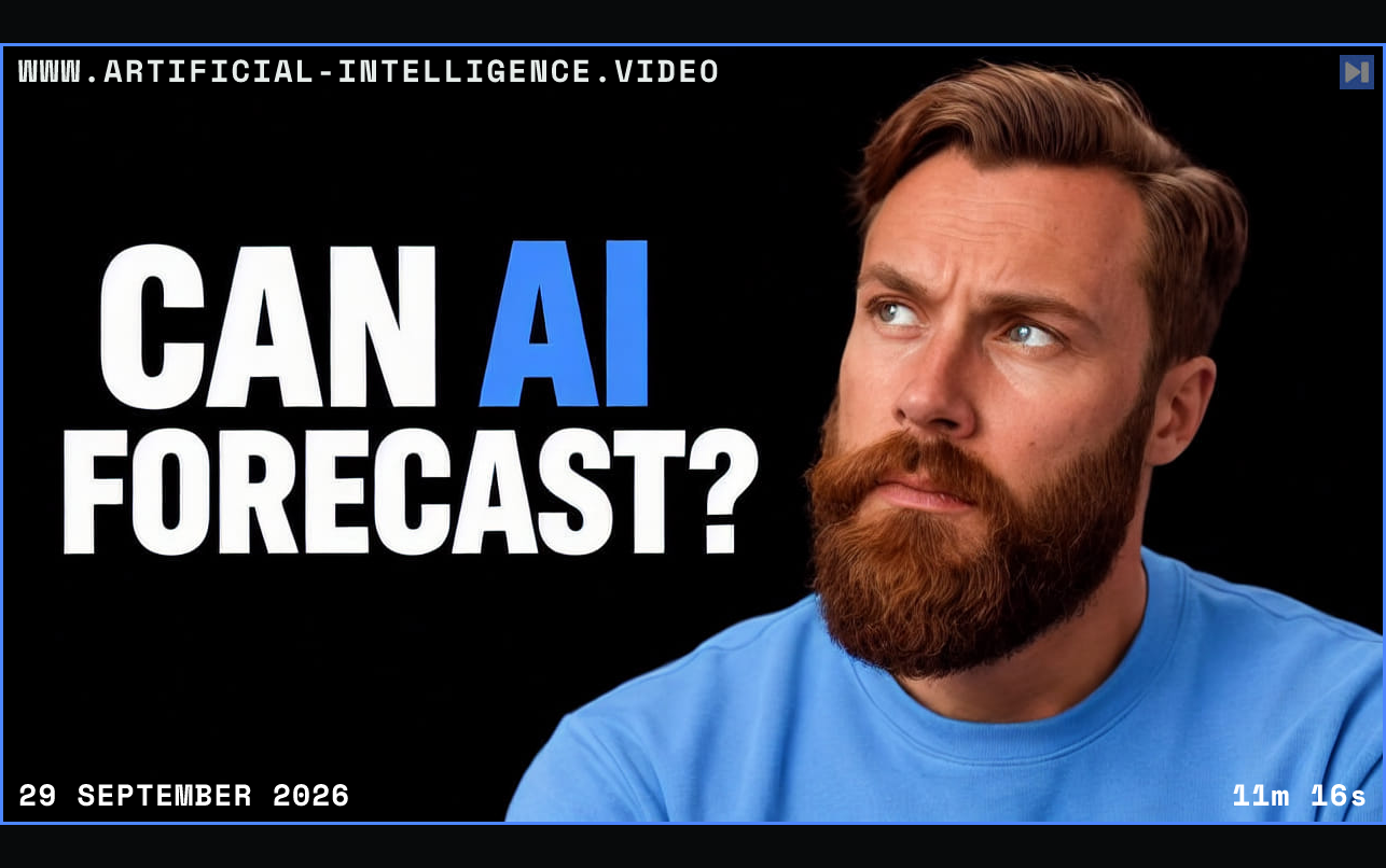 Kristian Fagerlie in blue looks upward beside the blue-and-white headline “CAN AI FORECAST?” on black. Framed in blue with WWW.ARTIFICIAL-INTELLIGENCE.VIDEO, 29 September 2026 and duration 11m 16s.