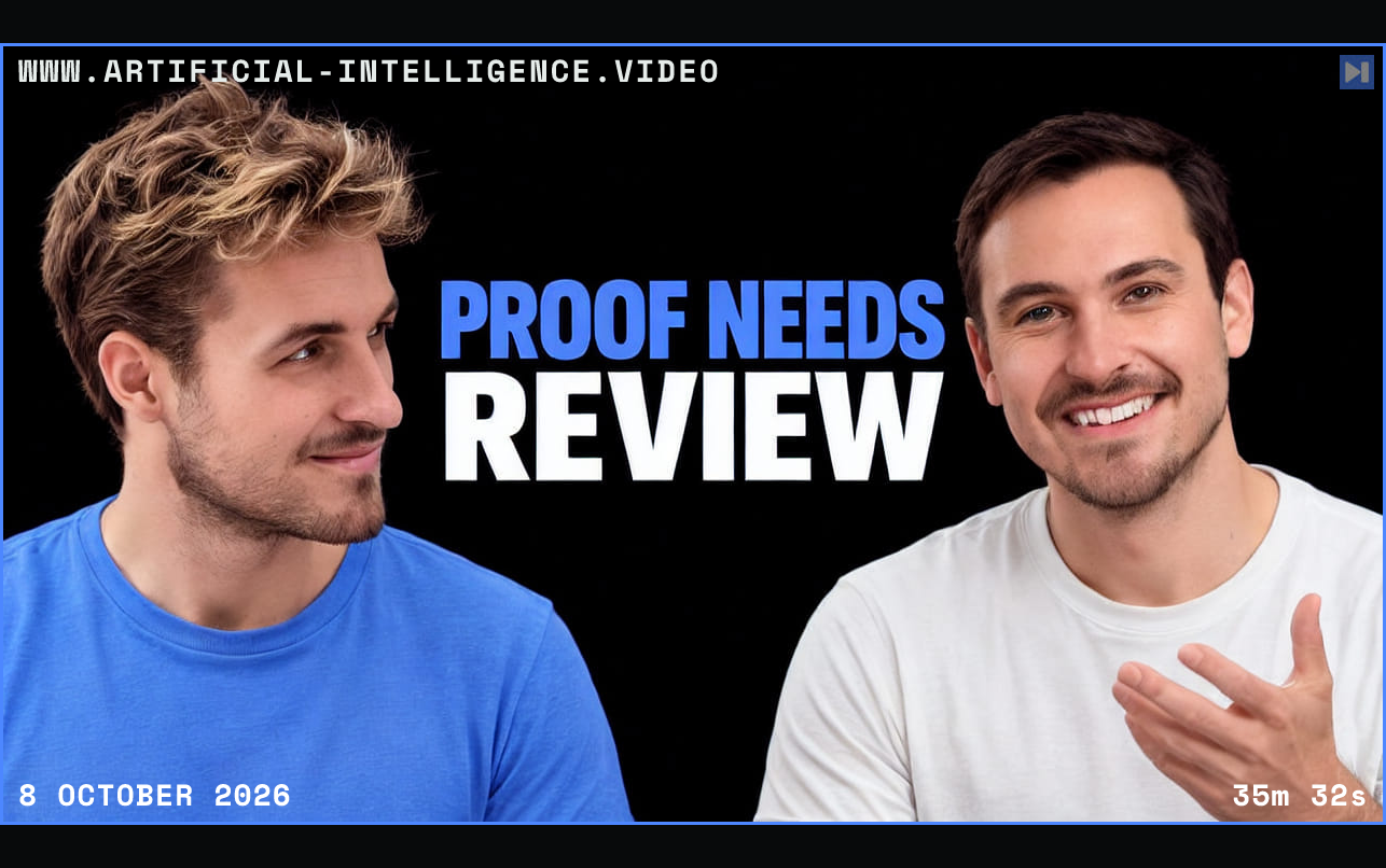 Pierce Freeman, Richard Diehl Martinez beside the blue-and-white headline PROOF NEEDS REVIEW on a black background. Framed in blue with WWW.ARTIFICIAL-INTELLIGENCE.VIDEO, 8 October 2026 and duration 35m 32s.