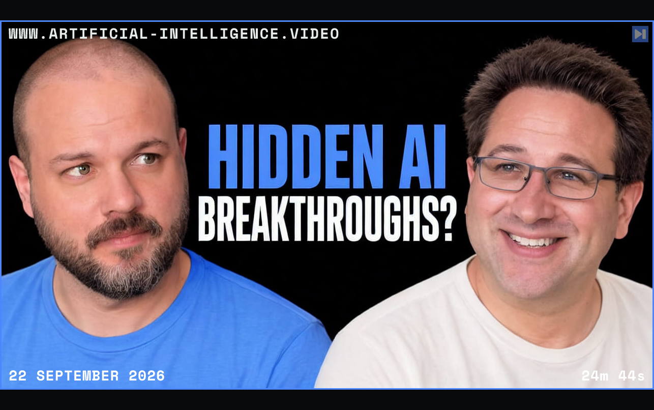Wes Roth and Scott Aaronson beside the headline HIDDEN AI BREAKTHROUGHS? on a black background. Framed in blue with WWW.ARTIFICIAL-INTELLIGENCE.VIDEO, 22 September 2026 and duration 24m 44s.