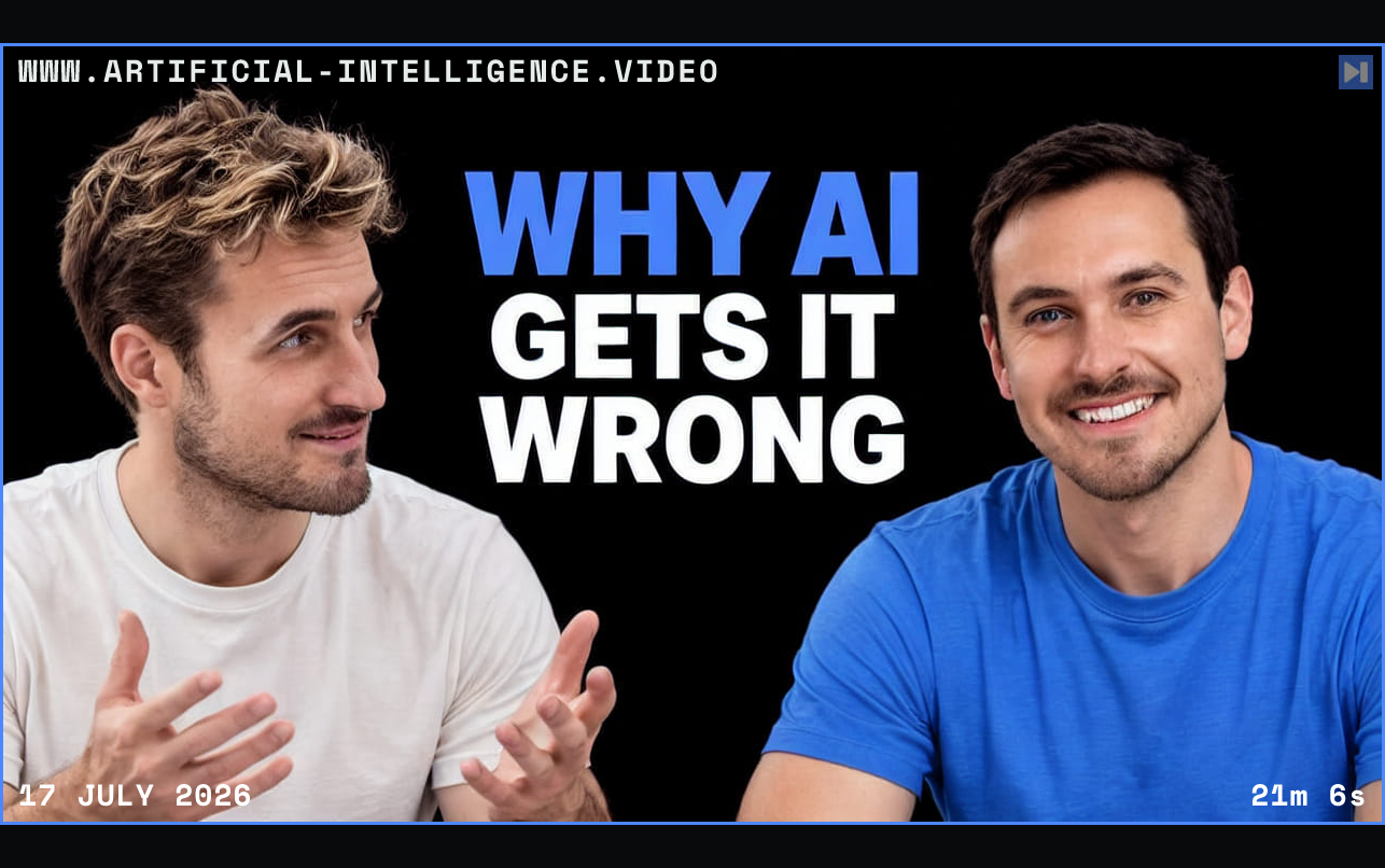 Pierce Freeman in off-white gestures beside a smiling Richard Diehl Martinez in blue against black, with the blue and white headline 'WHY AI GETS IT WRONG'. Framed in blue with WWW.ARTIFICIAL-INTELLIGENCE.VIDEO, 17 July 2026 and duration 21m 6s.