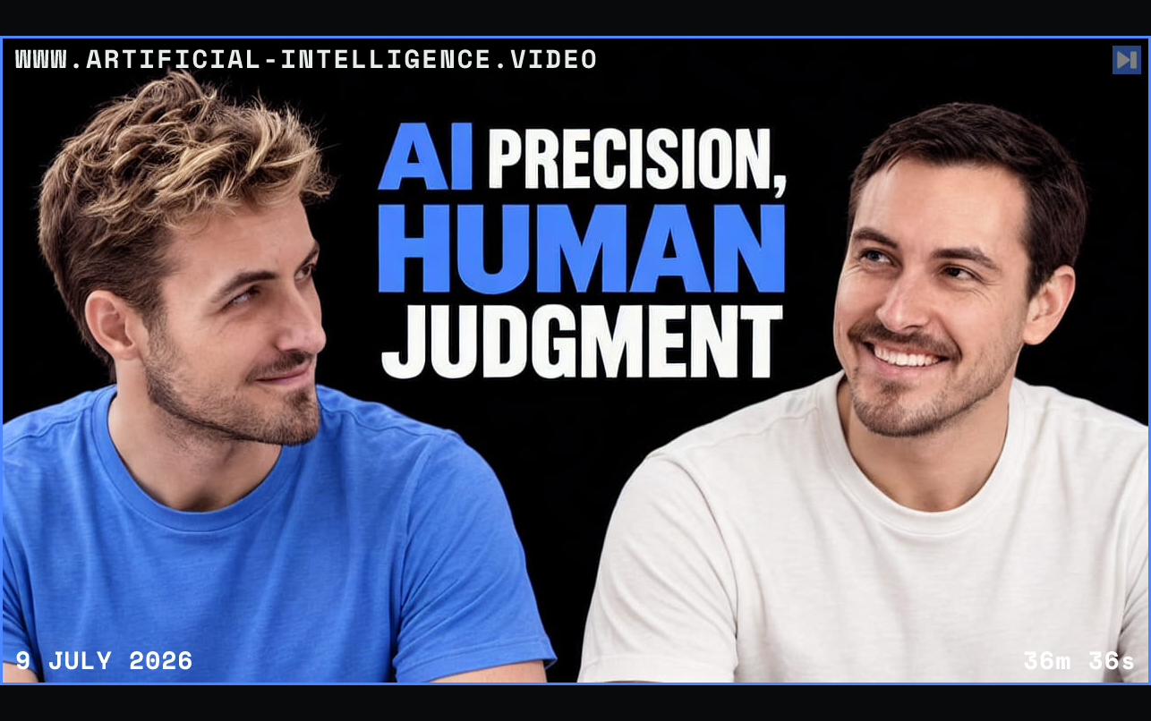 Pierce Freeman and Richard Diehl Martinez in blue and white tops smile against black, beside the blue and white headline 'AI PRECISION, HUMAN JUDGMENT'. Framed in blue with WWW.ARTIFICIAL-INTELLIGENCE.VIDEO, 9 July 2026 and duration 36m 36s.