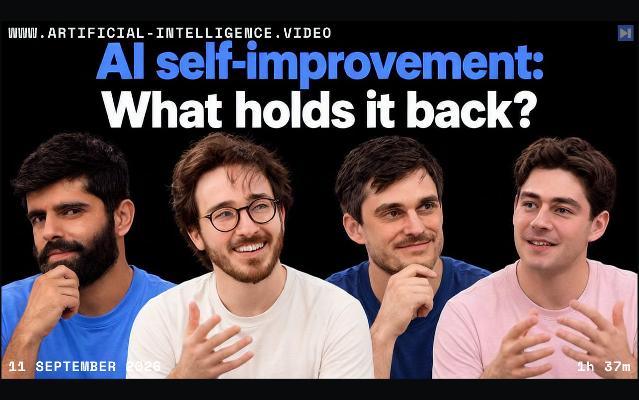 Dwarkesh Patel, Beren Millidge, John Schulman and Charlie O’Neill debate the bottlenecks to recursive AI self-improvement. With WWW.ARTIFICIAL-INTELLIGENCE.VIDEO, 11 September 2026 and duration 1h 37m.