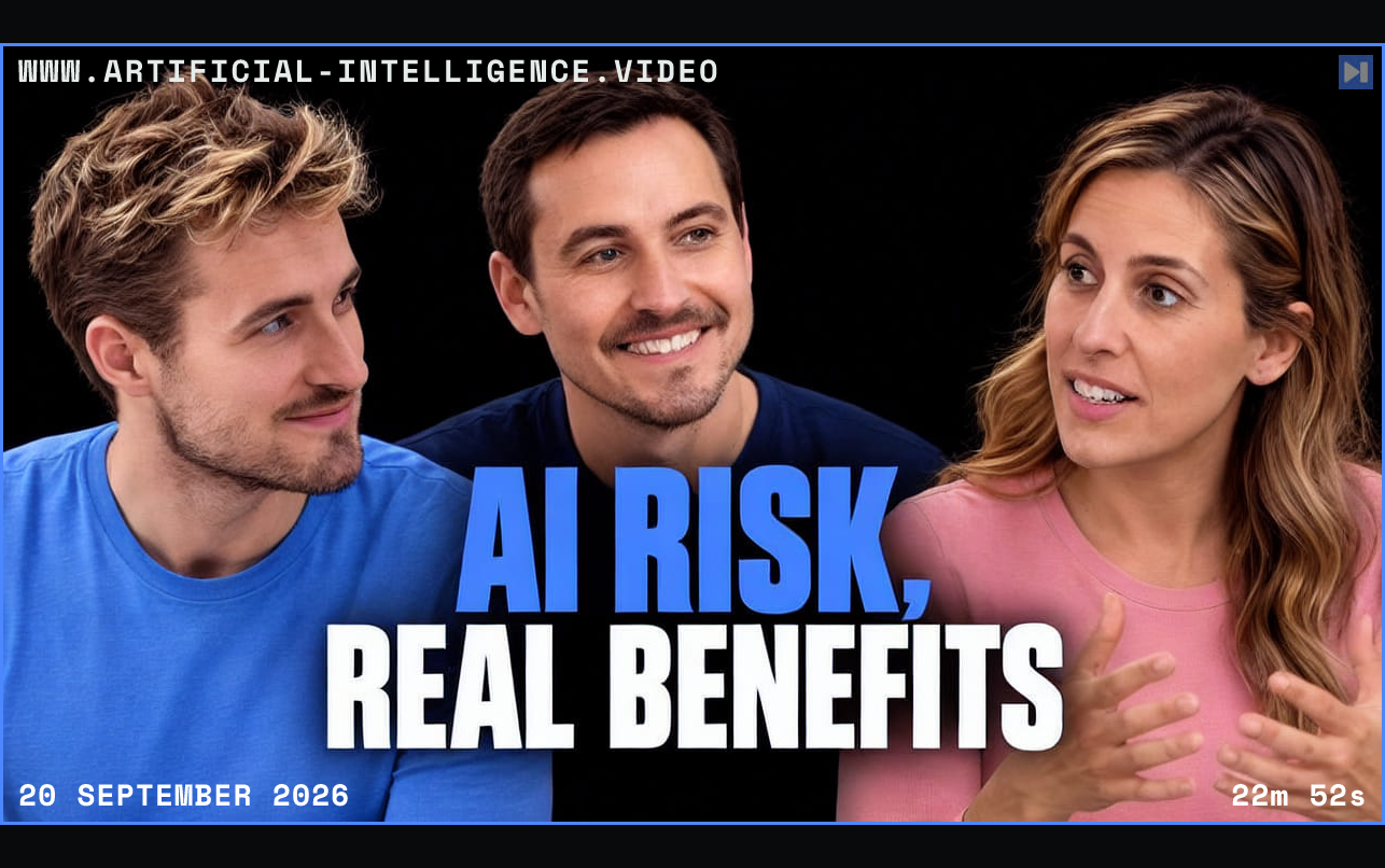 Pierce Freeman, Richard Diehl Martinez and Carolyn Reston beside blue and white text reading AI RISK, REAL BENEFITS on a black background. Framed in blue with WWW.ARTIFICIAL-INTELLIGENCE.VIDEO, 20 September 2026 and duration 22m 52s.