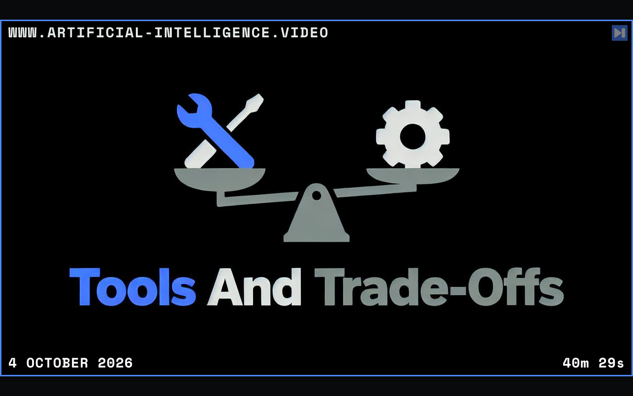 A simple flat connected-tool illustration beside the headline Tools And Trade-Offs on black. Framed in blue with WWW.ARTIFICIAL-INTELLIGENCE.VIDEO, 4 October 2026 and duration 40m 29s.