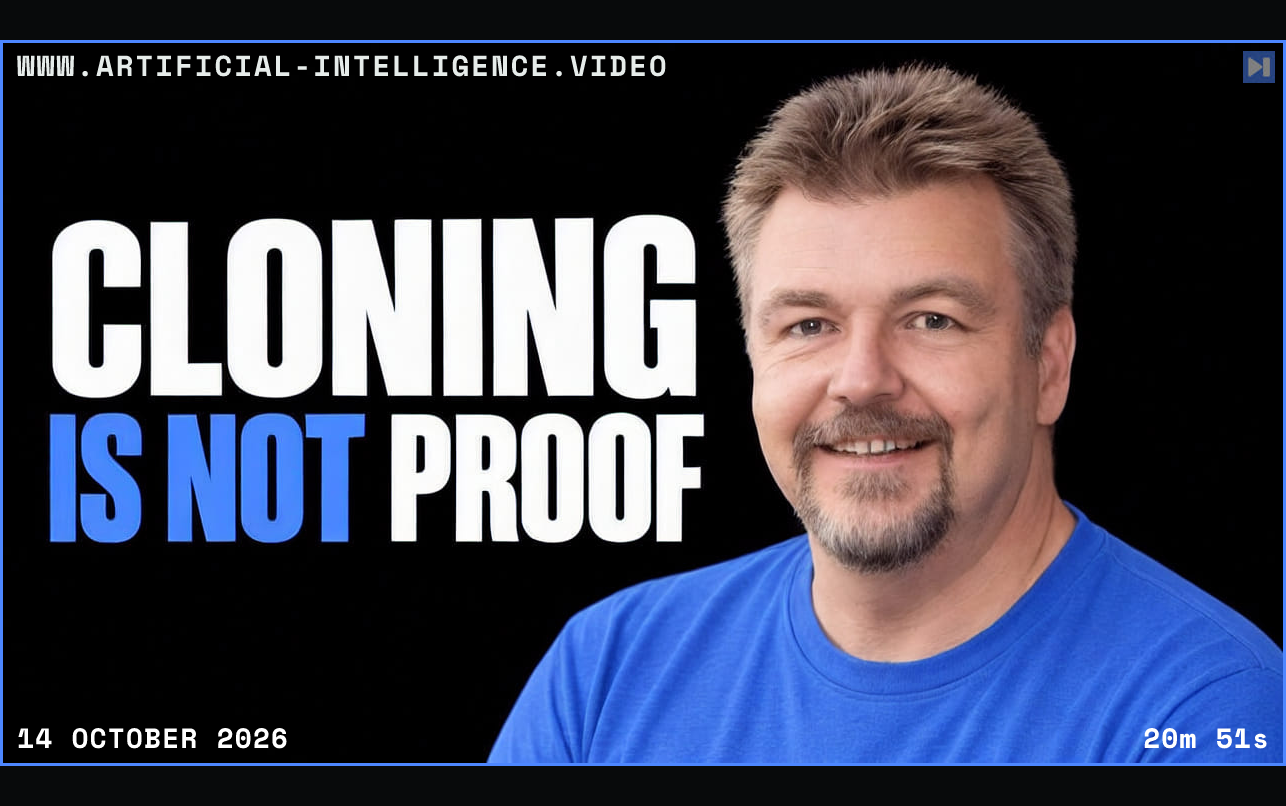 Dave Plummer against a black background beside the blue-and-white headline “CLONING IS NOT PROOF”. Framed in blue with WWW.ARTIFICIAL-INTELLIGENCE.VIDEO, 14 October 2026 and duration 20m 51s.