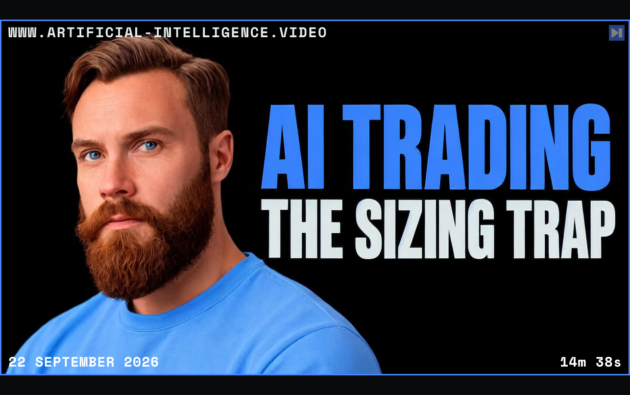 Kristian Fagerlie in a blue top beside blue “AI TRADING” and white “THE SIZING TRAP” on black. Framed in blue with WWW.ARTIFICIAL-INTELLIGENCE.VIDEO, 22 September 2026 and duration 14m 38s.