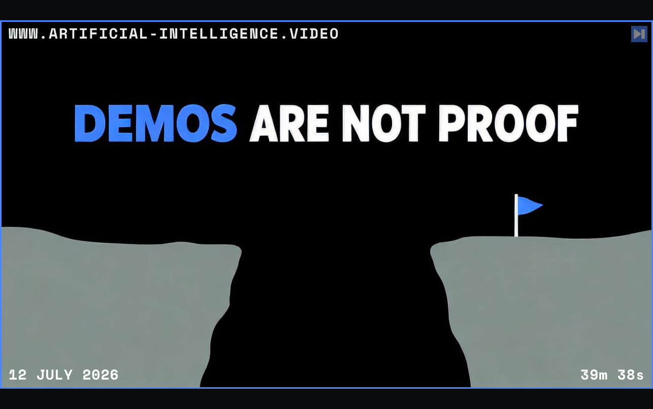 Two flat grey landforms separated by a black gap, one blue flag, and the blue and white headline "DEMOS ARE NOT PROOF". Framed in blue with WWW.ARTIFICIAL-INTELLIGENCE.VIDEO, 12 July 2026 and duration 39m 38s.